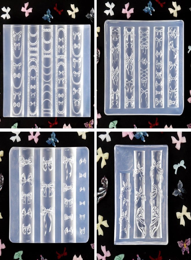 Laza 4pcs Bowknot Silicone Nail Art Molds, 3D Multiple Shapes Ribbon Lace Bows Charms Silicone Nail Accessories with Carving Pen Resin Nail Art Mold Manicure Tools for Women DIY Manicure Design - Image 4